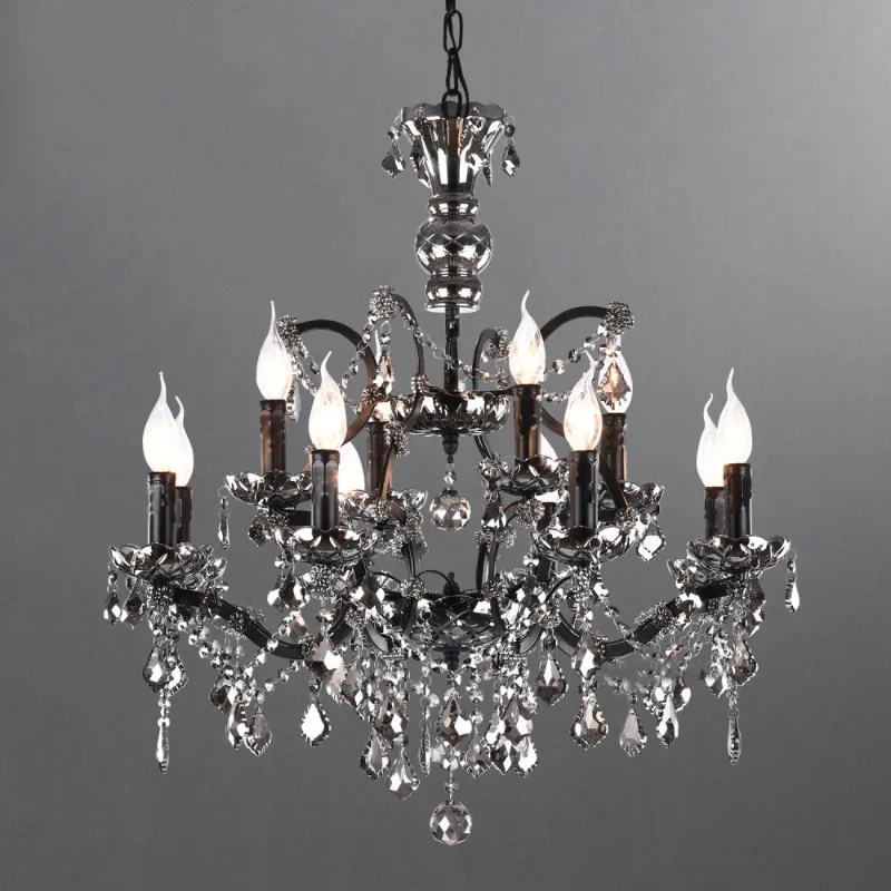 

New Antique Candlestick Crystal Round Chandelier 12 Lights Smoked Chandelier Retro Black Gloss Lamps