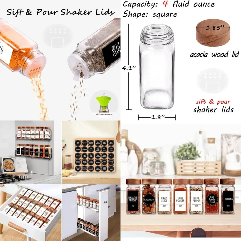 

4-унций квадратных банок для специй с крышкой из дерева акации, меловой ручкой, крышками для шейкеров и воронкой для стоек для специй, шкафов или ящиков