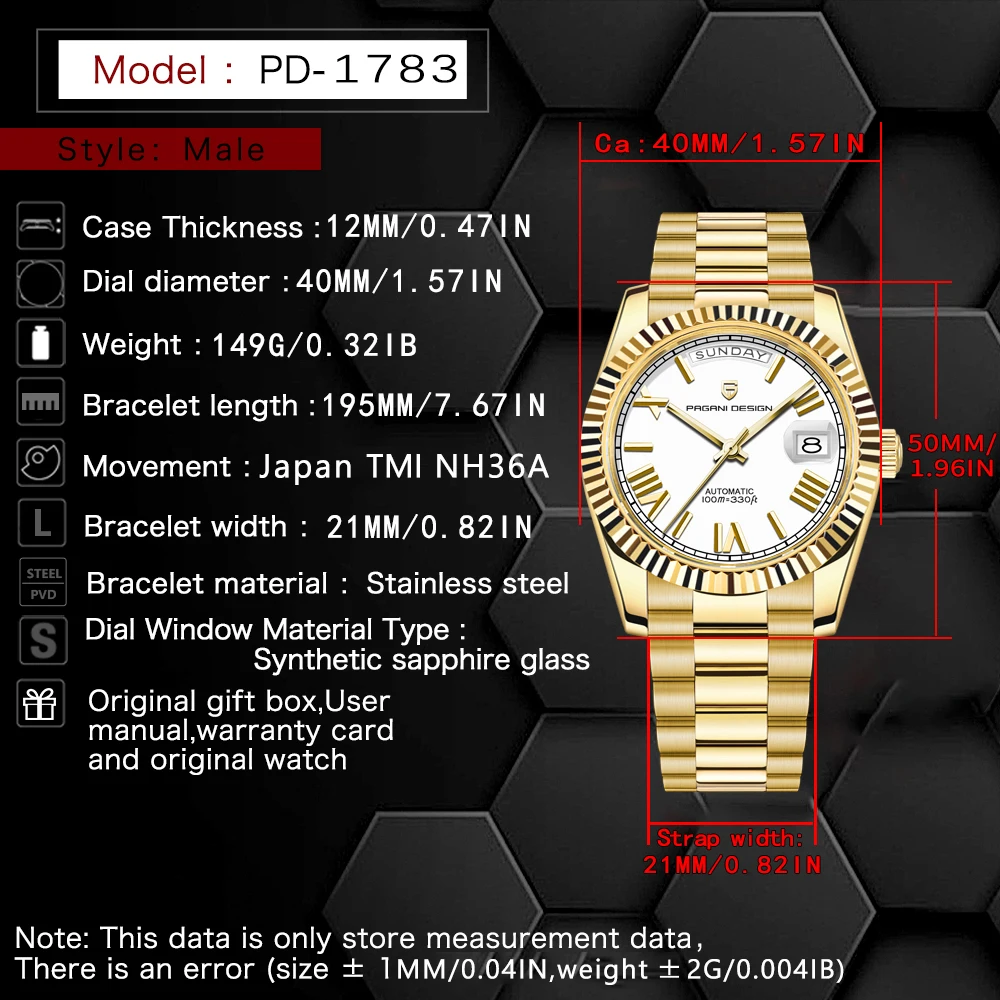 PAGANI DESIGN 2025 Nuovi orologi DD40 Orologi automatici di lusso in oro bianco per uomo TMI NH36A Orologio meccanico in acciaio inossidabile con data