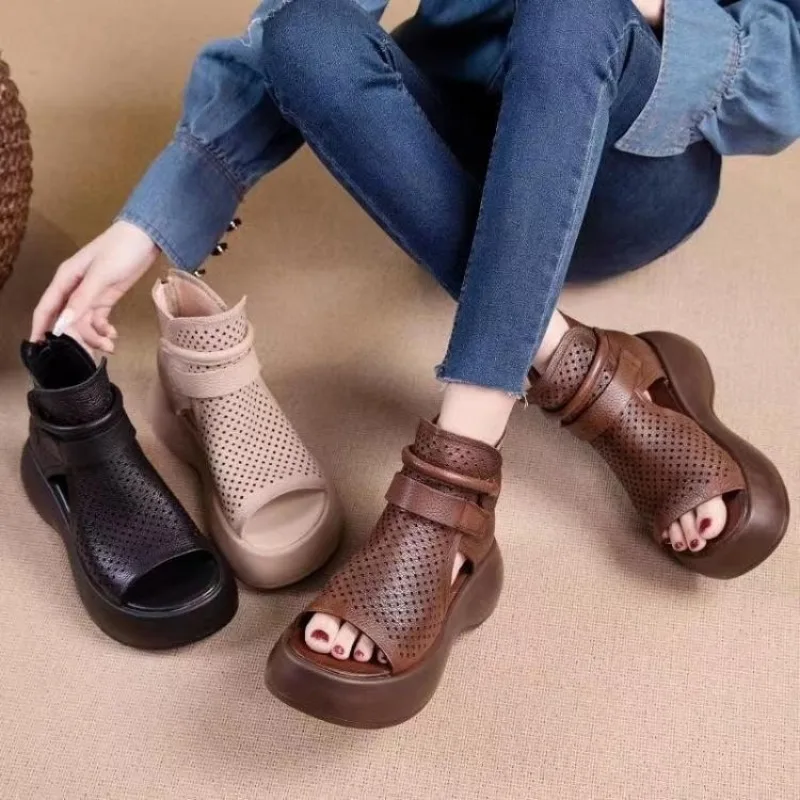 Zomer Nieuwe Holle Ademende Gaten Schoenen Dikke Zool Echt Lederen Vis Mond Haak & Loop Retro Comfortabele Vrouwen Sandalen