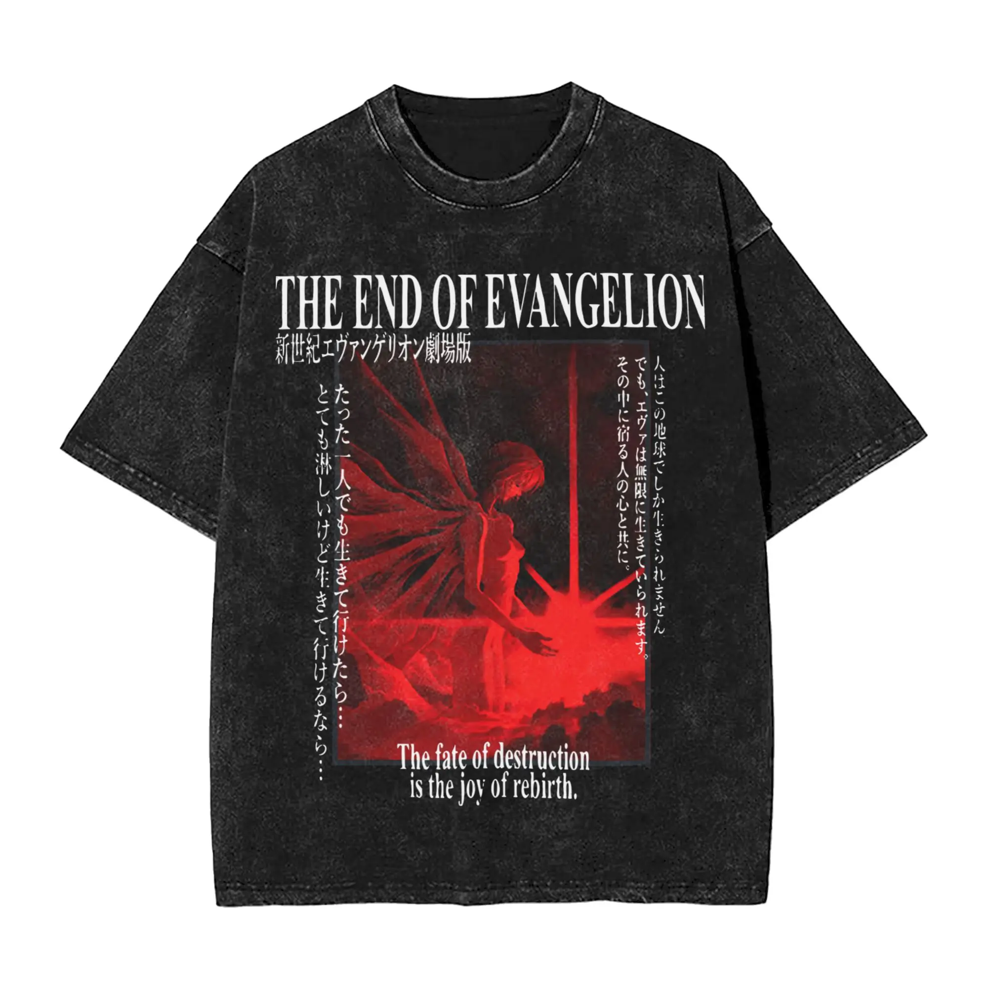 Novelty End of Eva Vintage Washed T-Shirts für Herren, Baumwolle, kurzärmelig, Rei Ayanami, Anime, Japan, Manga, Rundhalsausschnitt, Sommerkleidung