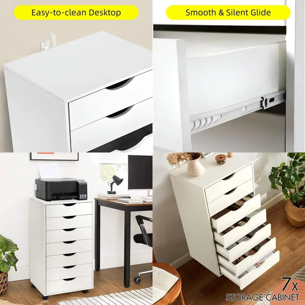 

White Tall Mobile File Cabinet with 7 Drawers for Home Office Storage and Caster Wheels