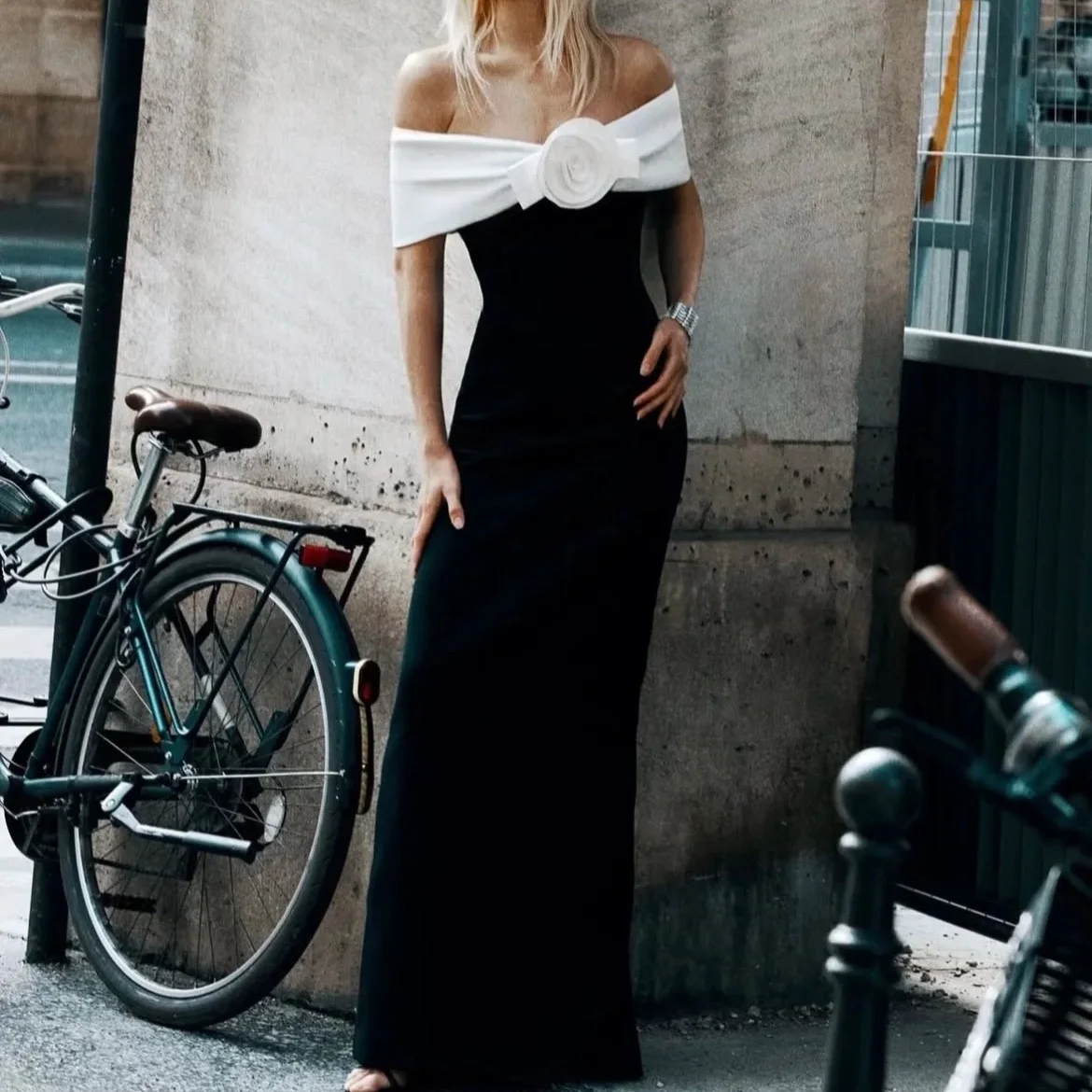 Women Flower decoration black and white color blocked one shoulder long dress high waist elegant fashion party maxi dress
