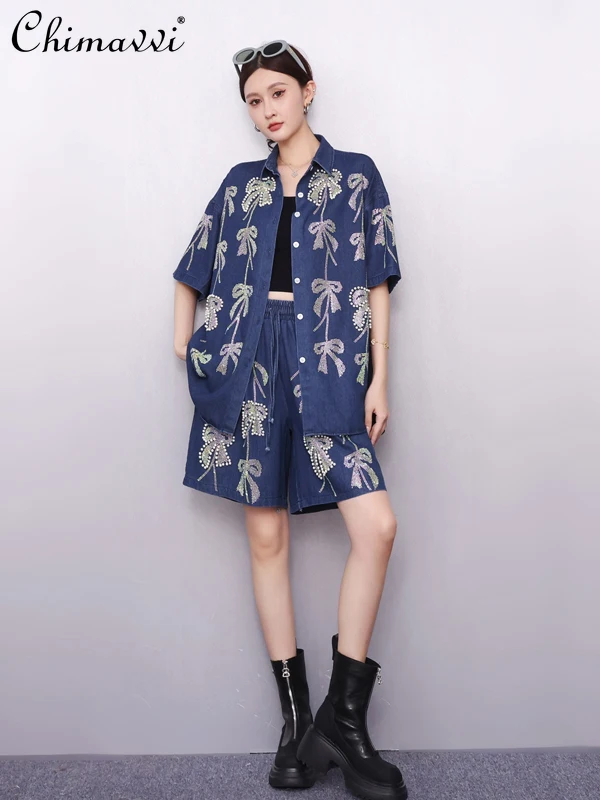 

Summer New Women's Fashion Denim Suit High Street Loose Large Size Bow Nail Diamond Shirt + Shorts Two-piece Casual Women's Suit