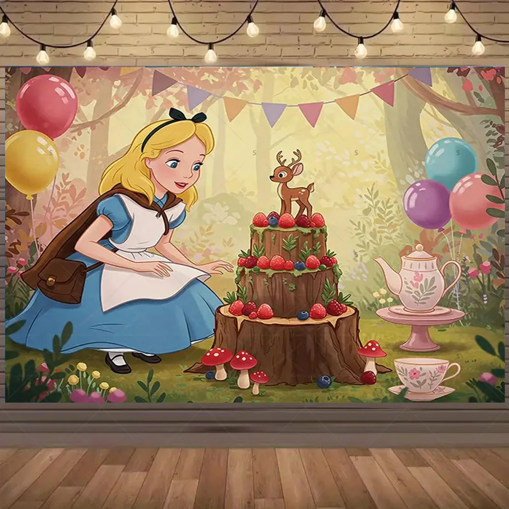 لافتة خلفية ديزني أليس في بلاد العجائب، زينة حفلات أعياد الميلاد للأطفال، مستلزمات استحمام الطفل، دعائم التقاط الصور #6