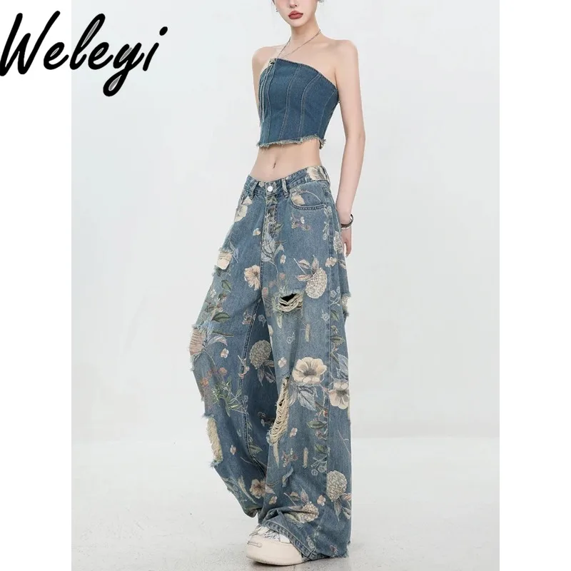 American Retro Printed Ripped Jeans for Women 2024 Summer New Original Loose Women's Straight Mop Wide Leg Denim Pants Casual