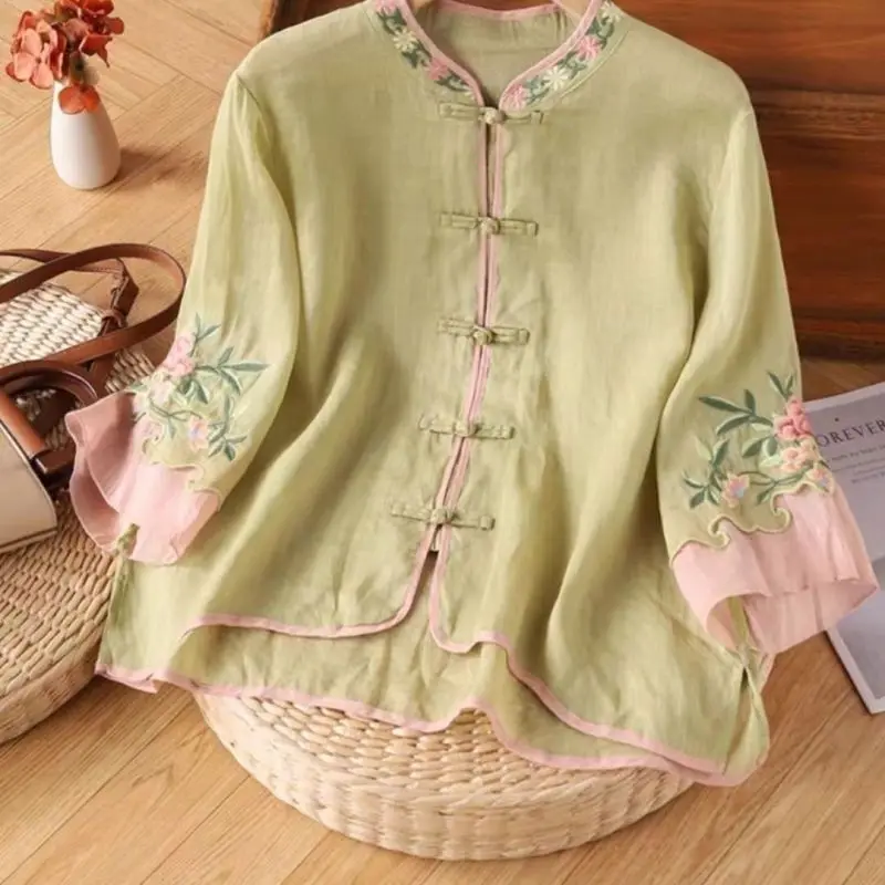 2024 Summer New Color Stand Collar Pan Button Embroidery Spliced Gauze 3/4 Sleeve Fashion Elegant Loose Women\'s Shirt Blouse