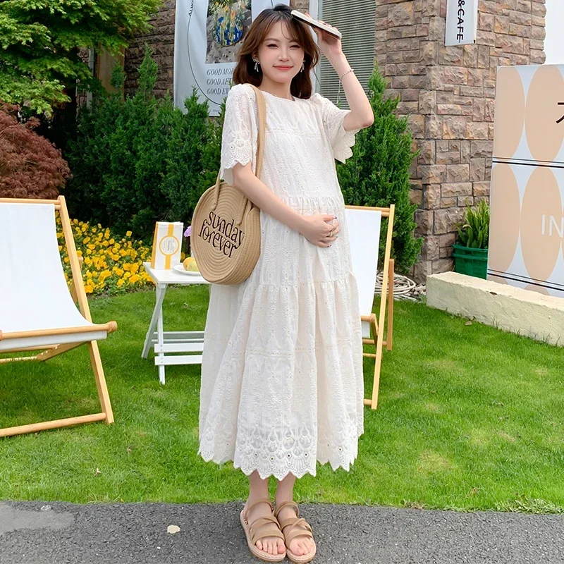 

2024 Pregnant Woman Lace Dress Summer Short Sleeve O-Neck Hollow Out Maternity Cotton Dress Sweet Long Loose Princess Clothes