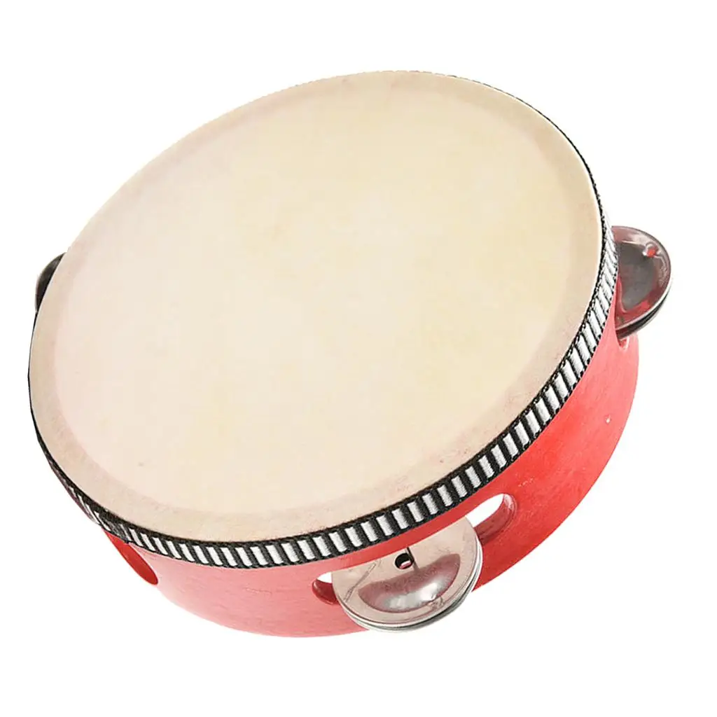 Musical Instrument Tambourine 4 Pair Steel Wipes Wood Red Drum for Education Party Festival