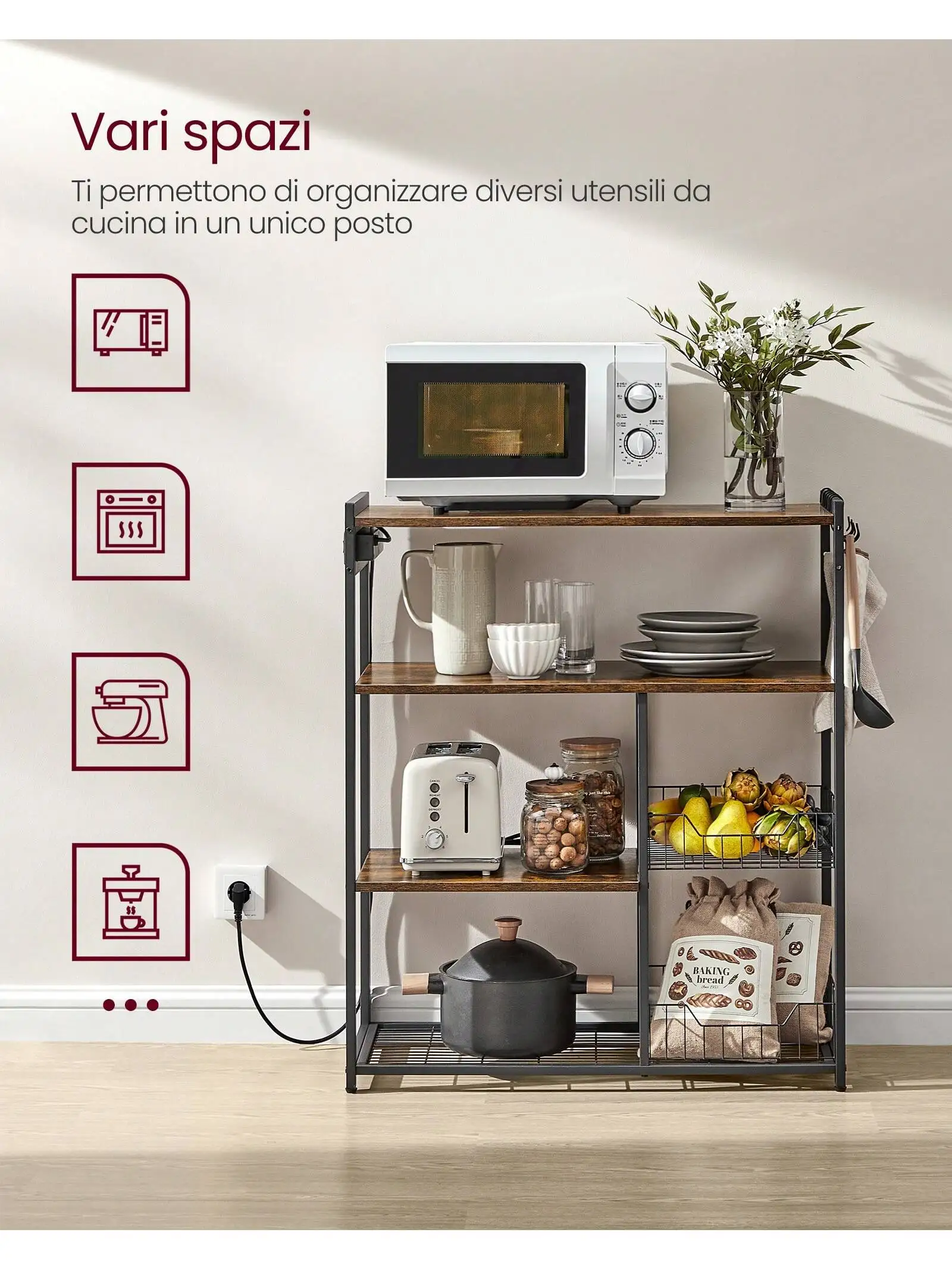 Mensola da cucina VASAGLE: ripiano per microonde con 2 cestini in rete, stazione di ricarica,