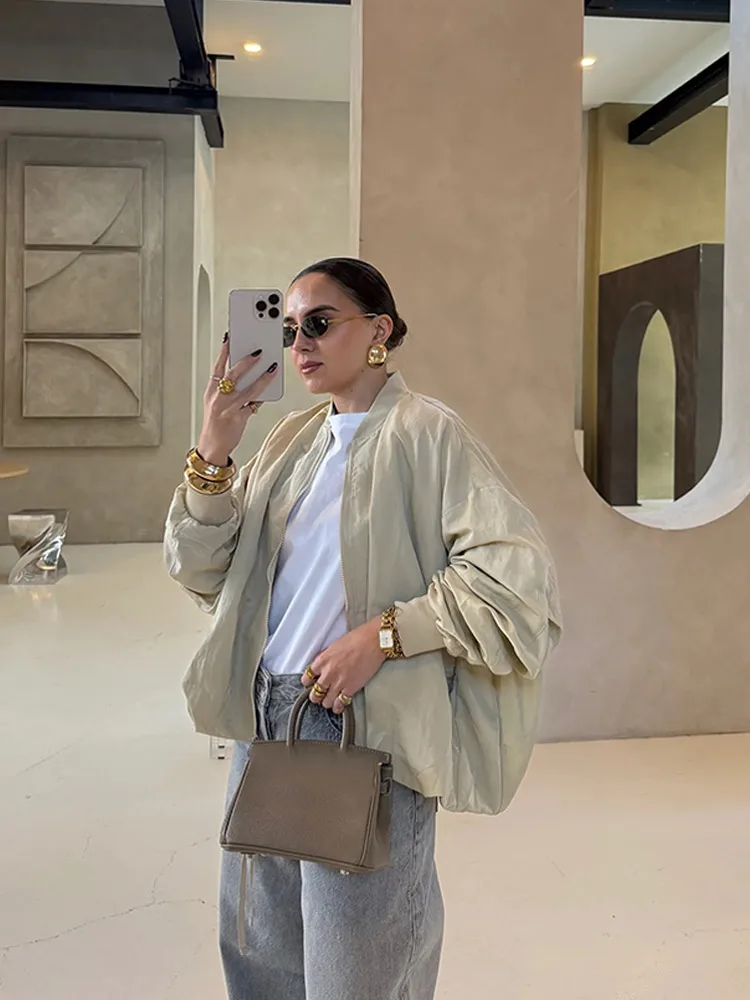 

Women Fashion Solid Short Jackets Green Round Neck Maxi Sleeves Zipper Loose Coats 2025 Autumn Daily Commuting Street Outerwear