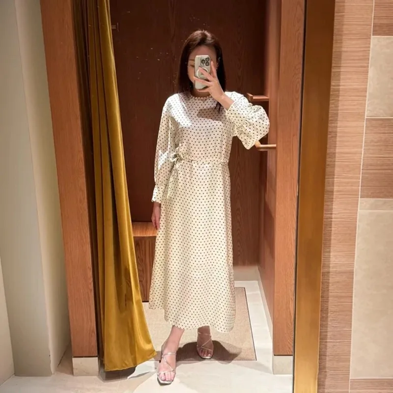 

Ele Polka Dot Long Dr with Belt High Waist French Sle Printed Diamond Tea Break Skirt A-Line Midi Dr Autumn Wear