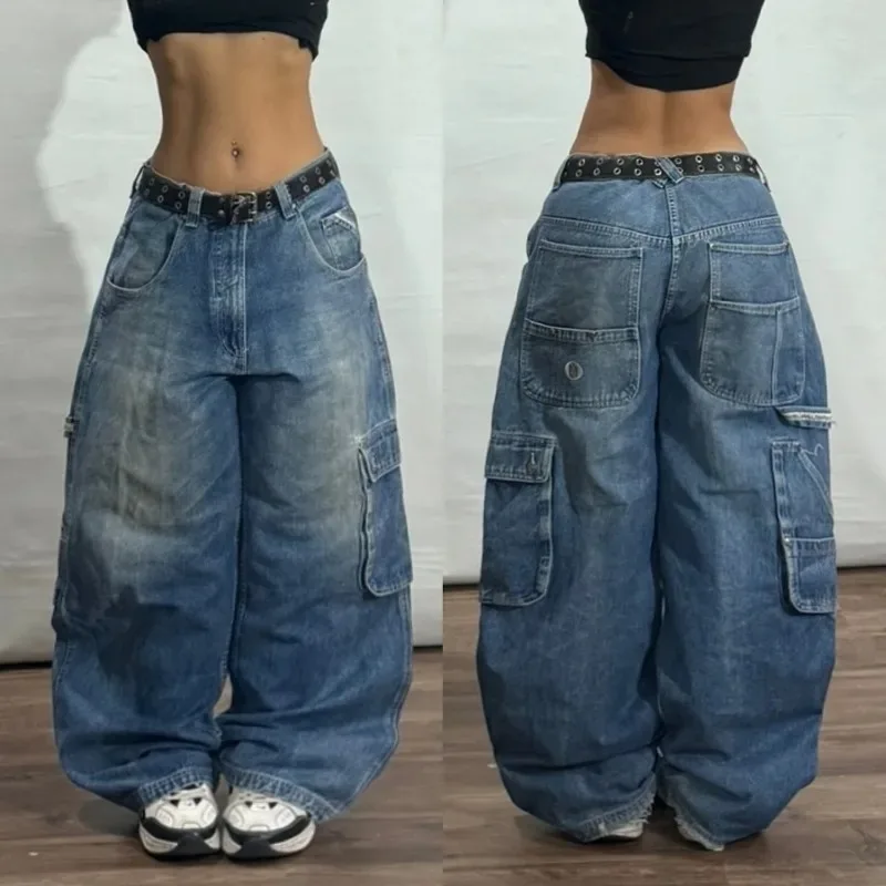 American New Fashion Letter Embroidery Holes Make Old Baggy Jeans Women Y2K Harajuku Vintage Gothic High Waist Wide Leg Trousers