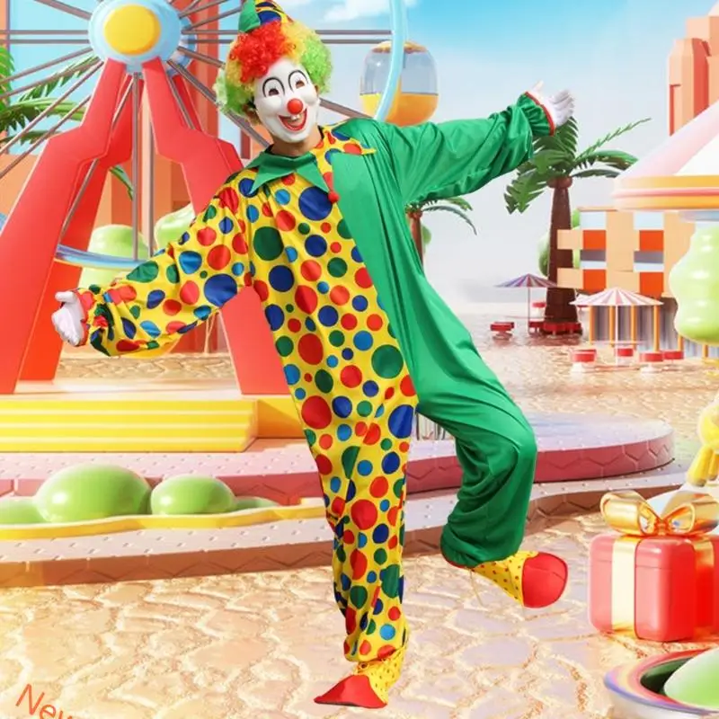 Clown outfit clown jumpsuits regenboog pruik hoofdtooi voor volwassenen vrouwen mannen Halloween clown kostuums accessoires