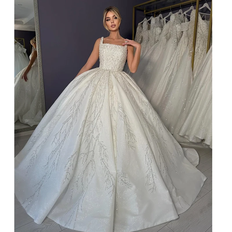 Barockes Hochzeitskleid aus Organza mit Stickerei und Perlen, Ballkleid, ärmellos, quadratischer Kragen, Brautkleid, maßgeschneidert, Vestido De Novia