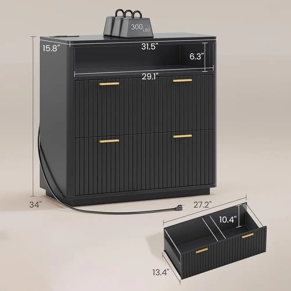 خزانة ملفات بذراع سوداء 31.5 مع حرف/قانوني/A4، وشريط طاقة، وتخزين حامل الطابعة