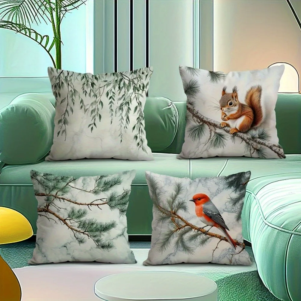 

Whimsical Forest Animal Pillowcase: Squirrel & Bird with Pine Willow Pattern Cushion Cover for Fresh Sofa Living Room Home Decor