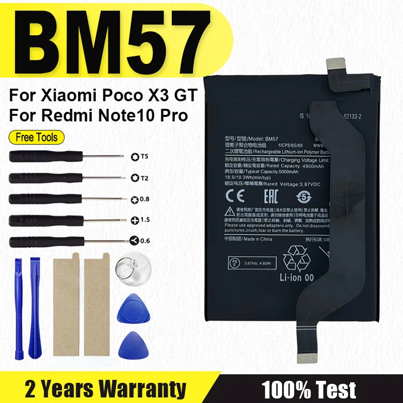 

BM57 High Quality Battery For Xiaomi Poco X3 GT Redmi Note10 Pro 5000mAh Phone Replacement Batteries + Free Tools