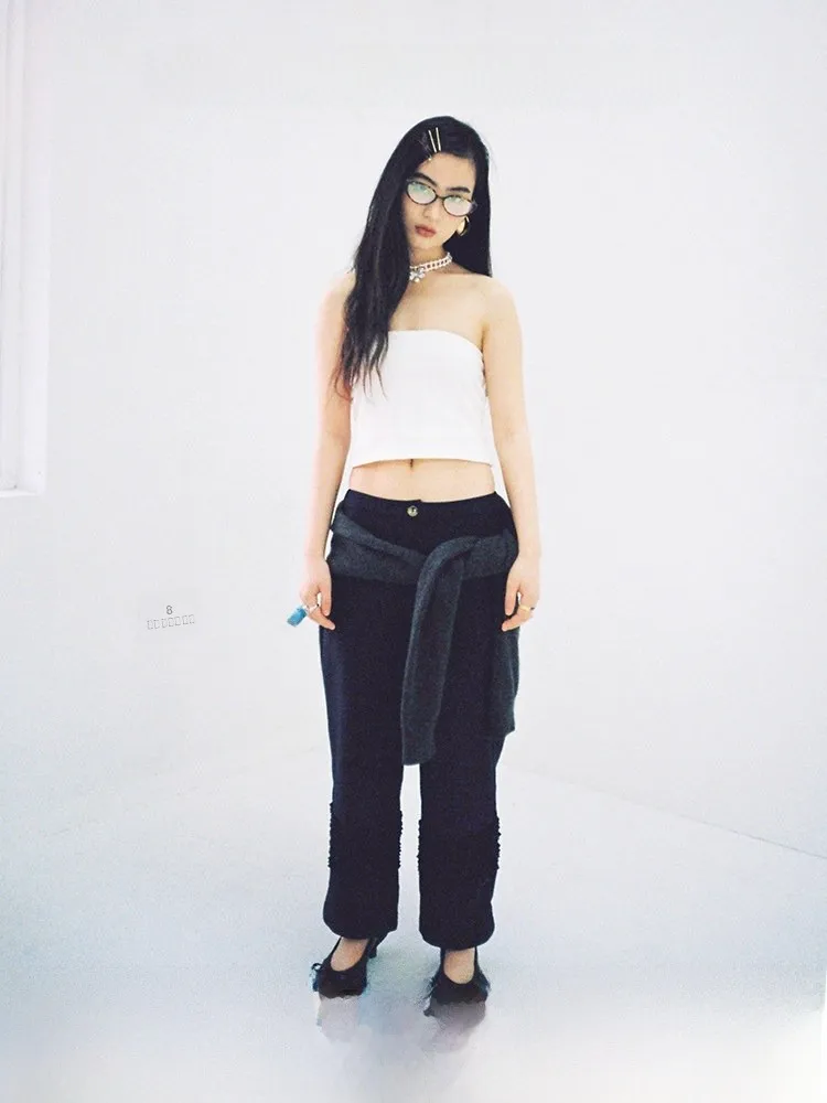 

Женские повседневные брюки с эффектом похудения, прямые, с цветочным кружевом, синие, из смесового полиэстера, весенняя новинка