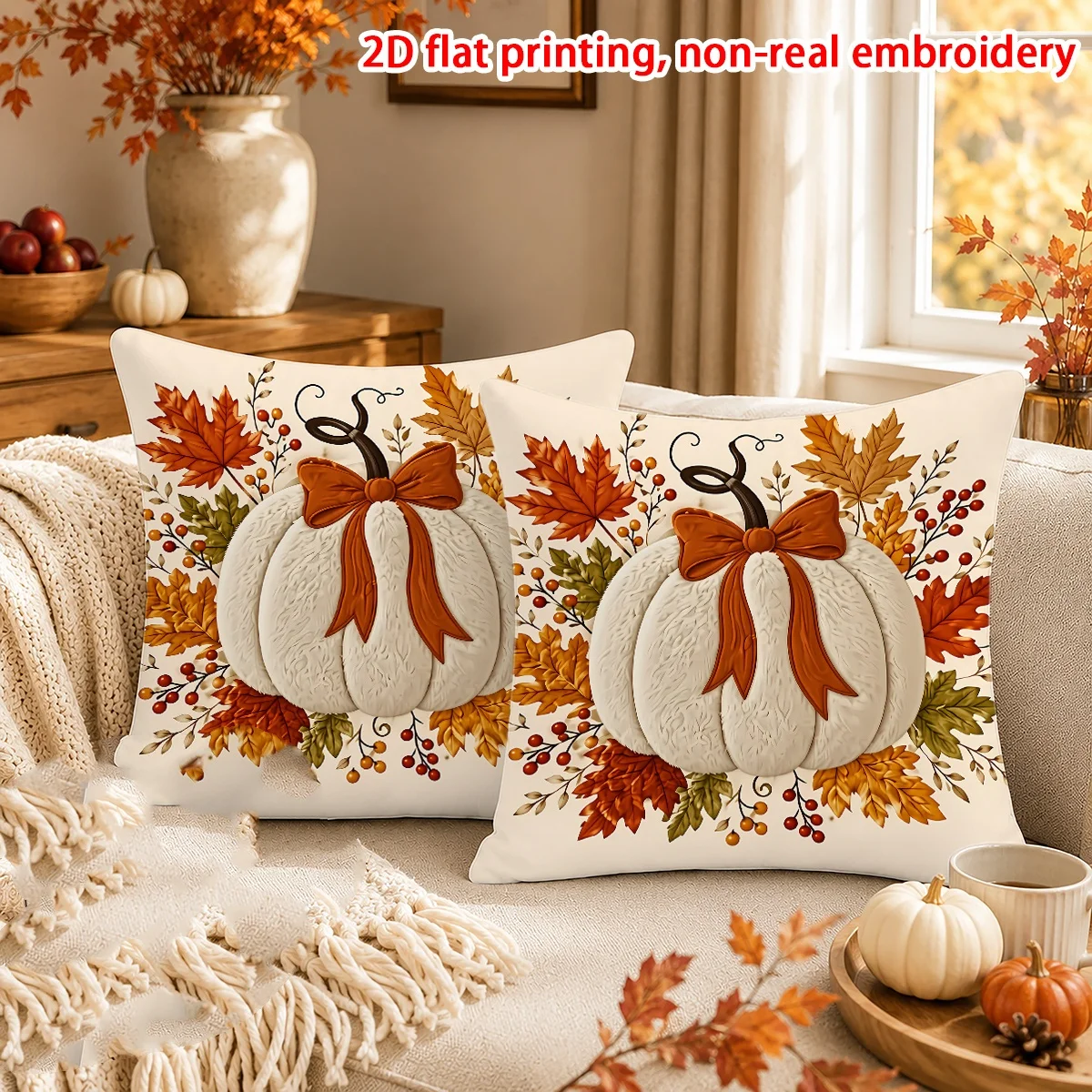 2/1 piece set 2D flat autumn white pumpkin bow pillowcase, pillow insert not included. Perfect for autumn and Thanksgiving decorations, printed pillowcase, not actual embroidery, rustic style pillowcase. Suitable for o