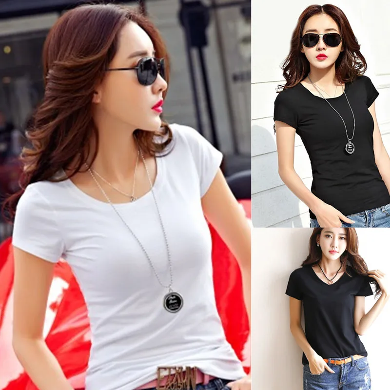 New Women's Cotton T-shirt Summer 2024 Casual Elasticity Short-sleeve V-neck Slim Bottom T-shirt Girl's Tops Tees Female