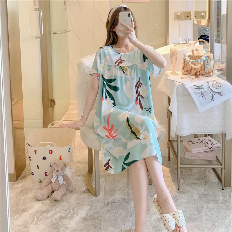 Summer Cotton Silk Nightgown Women\'s Home Wear Short-Sleeved Cartoon Print Pajamas Burst Large Size Spring and Autumn Home Wear