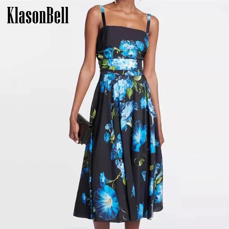 

5.10 KlasonBell Fashion Morning Glory Print Suspender Dress For Women Ruched High Waist Split Back Zipper Design Simple Dress