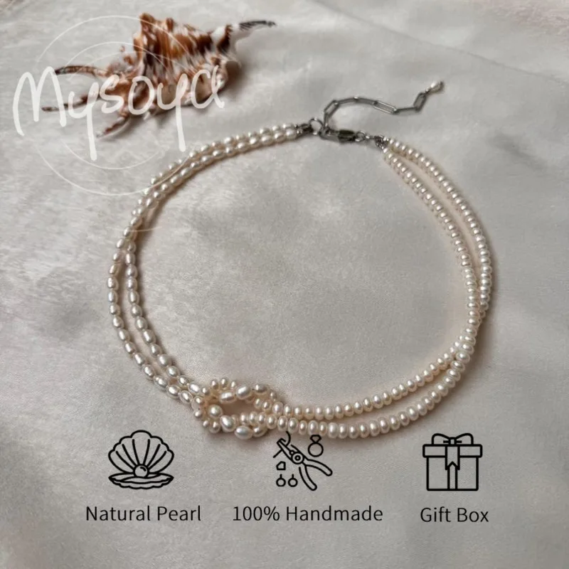 

MYSOYA Белое двухслойное ожерелье из пресноводного жемчуга в форме риса 5-6 мм с подарочной коробкой для нее/им, подходит для дня рождения, свадьбы