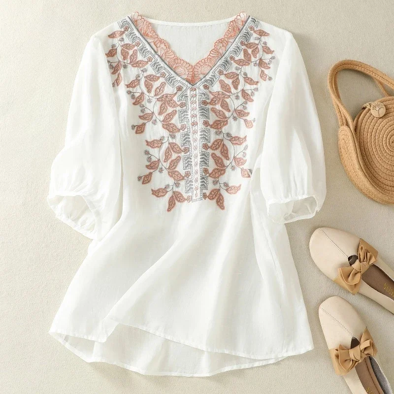 

Chinese Style Women's Blouse Embroidery Vintage Shirts Fashion Loose Summer Clothing Short Sleeve V-Neck Cotton Linen Women Tops