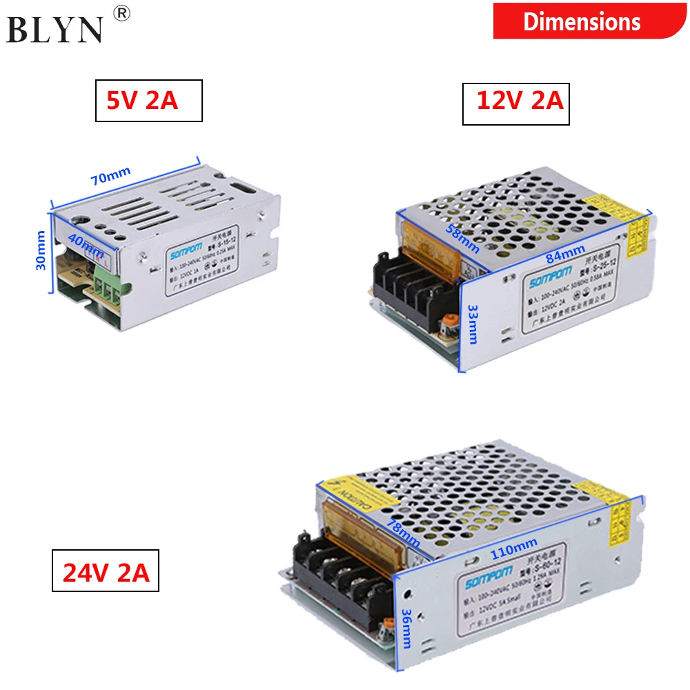 Fuente de alimentación conmutada de 5V, 12V, 24V, adaptador LED de CA, 2A, 10W, 24W, 48W, controlador PSU, transformador de iluminación para tira LED, proyector CCTV