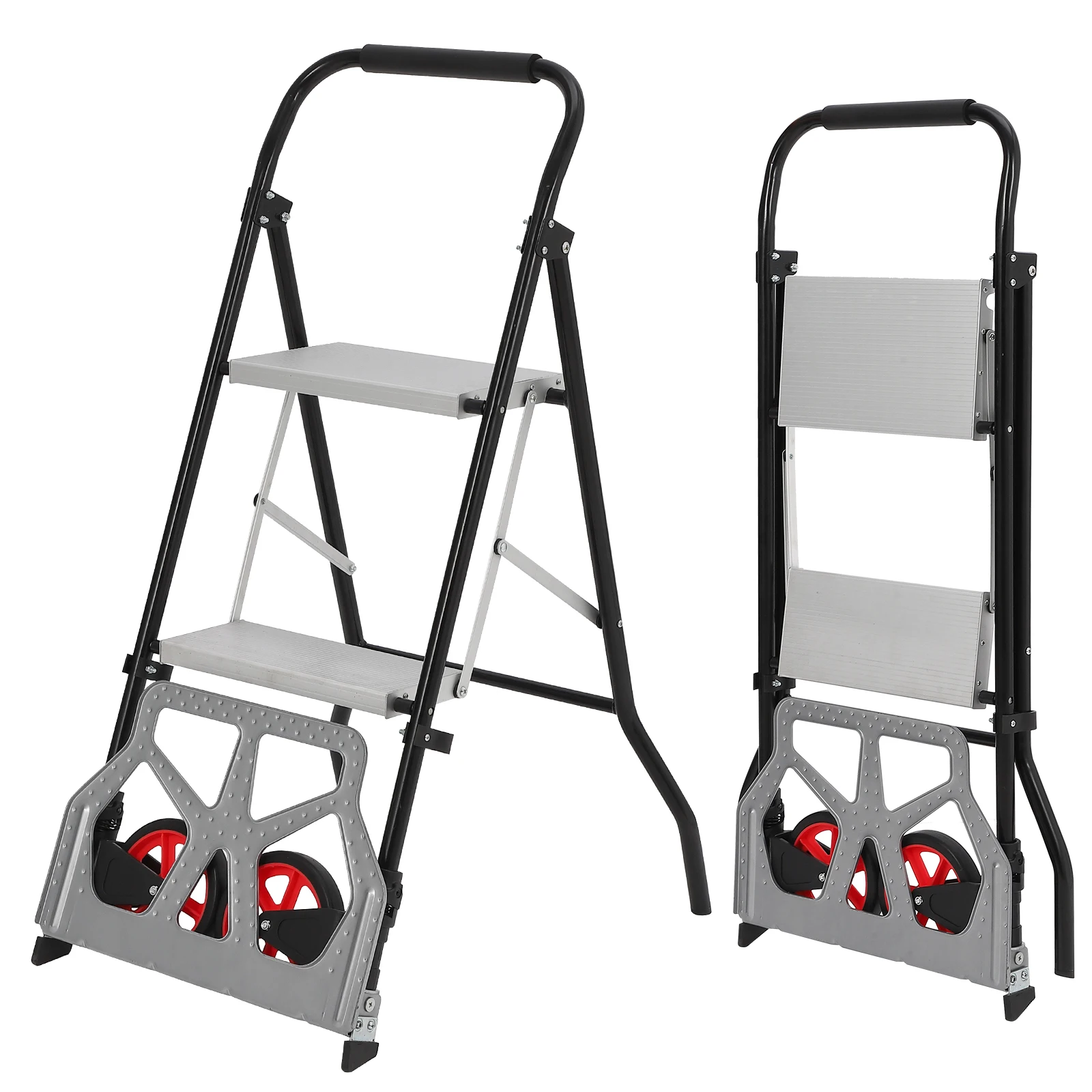 2 Step Ladder & Folding Hand Truck, 2 in 1 Aluminum Dolly Cart with Foldable Wheels, 220 LBS Capacity Hand Truck Dolly