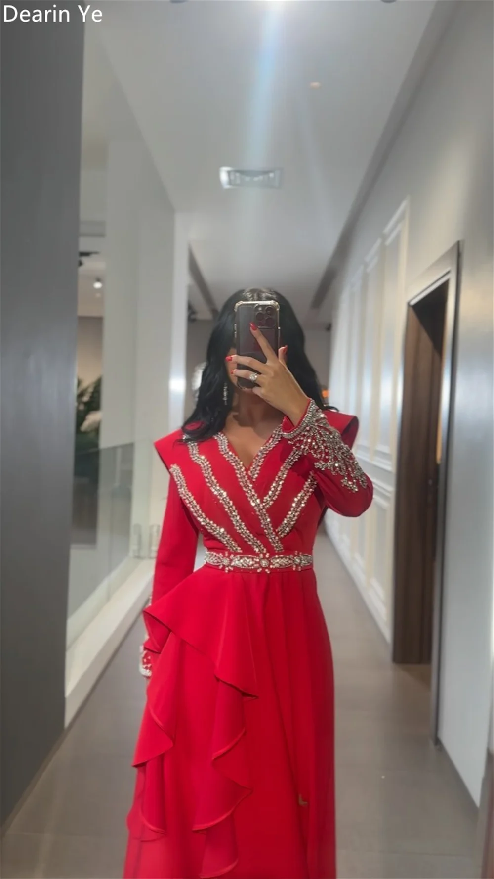 Customized Saudi Arabia Dearin V-neck A-line Floor Length Skirts Layered Draped Contoured Beading Bespoke Occasion Dresses Prom