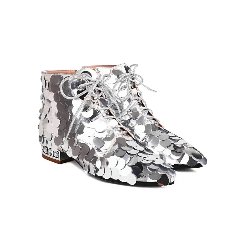 

Big Round Sequins Shiny Party Performance Chunky Crystal Low Heels Women Shoes Lace-up Colorful Gold Ankle Boots Plus Size 13 48