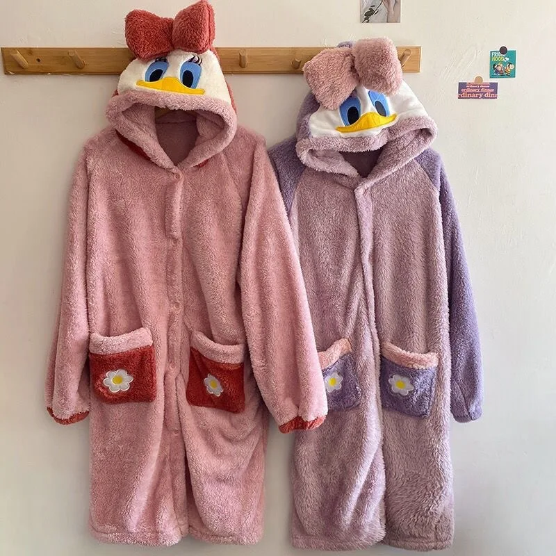 MINISO Cartoon Robes Animal Donald Duck Women Hooded Bathrobe Cosplay Costumes Winter Home Wear Lady Nightgown Pajama