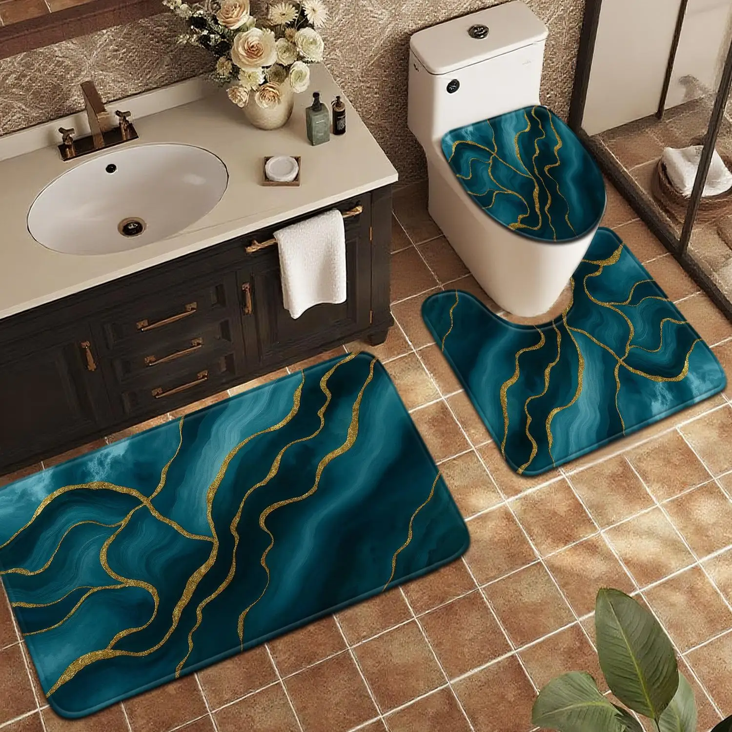 3pcs Set Floor Mat, Home Decor Entry Door Mat, Toilet Lid Mat Toilet Accessory Set, Blue Green Golden Pattern