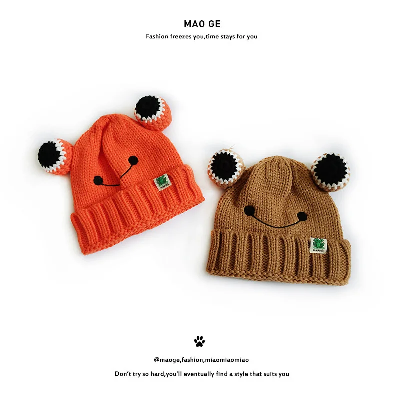 Cat Brother Children's New Cute Fashionable Knitted Frog For Boys And Girls Cloth Label Smiling Face Woolen Hat