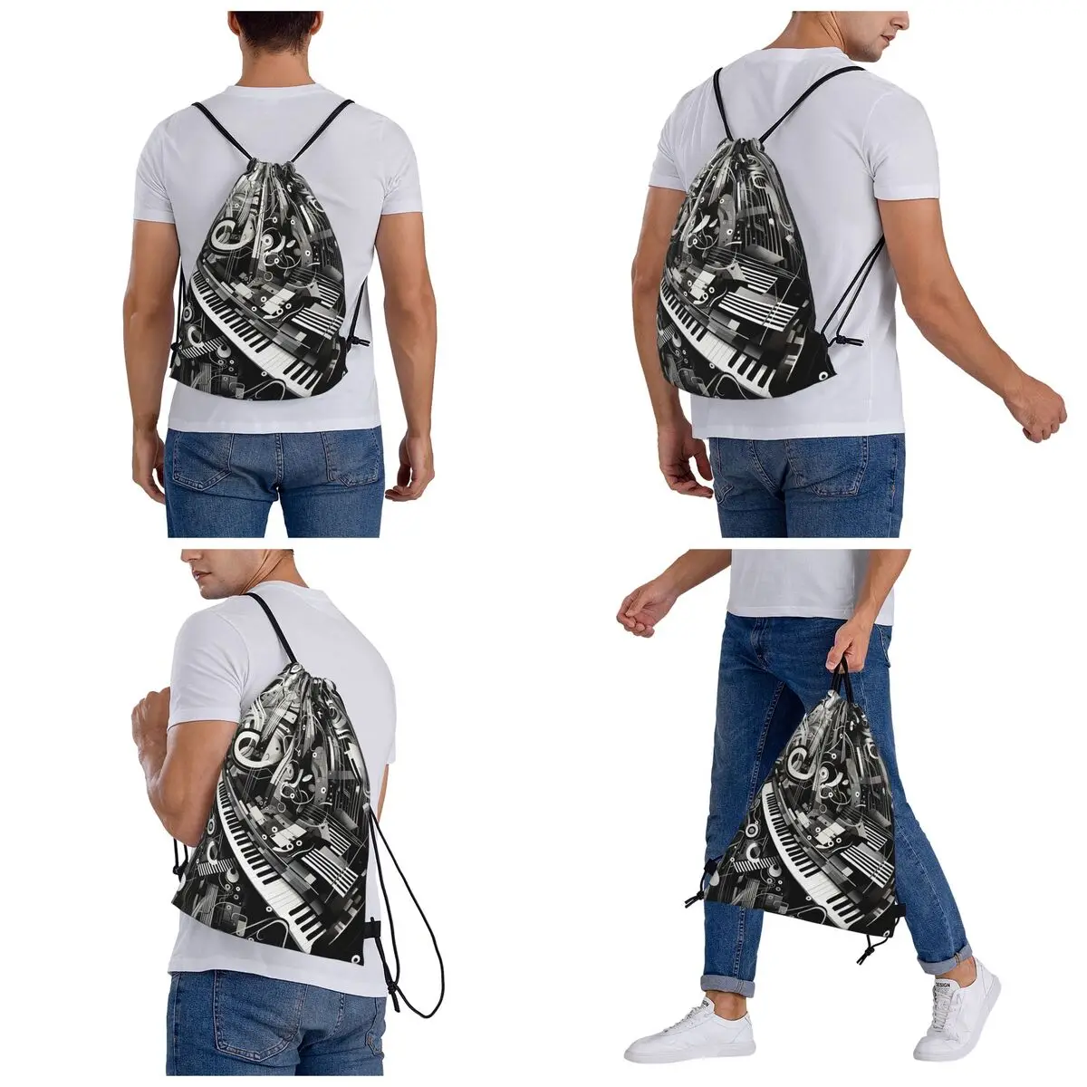 Music Notation Musical Notes Backpacks Fashion Drawstring Bundle Pocket Sundries Bag Book Bags for Travel School