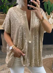 Novedad de verano, blusa decorativa de lentejuelas a la moda, camisa de manga corta con cuello en V para mujer, Tops holgados básicos versátiles informales para ir al trabajo 23