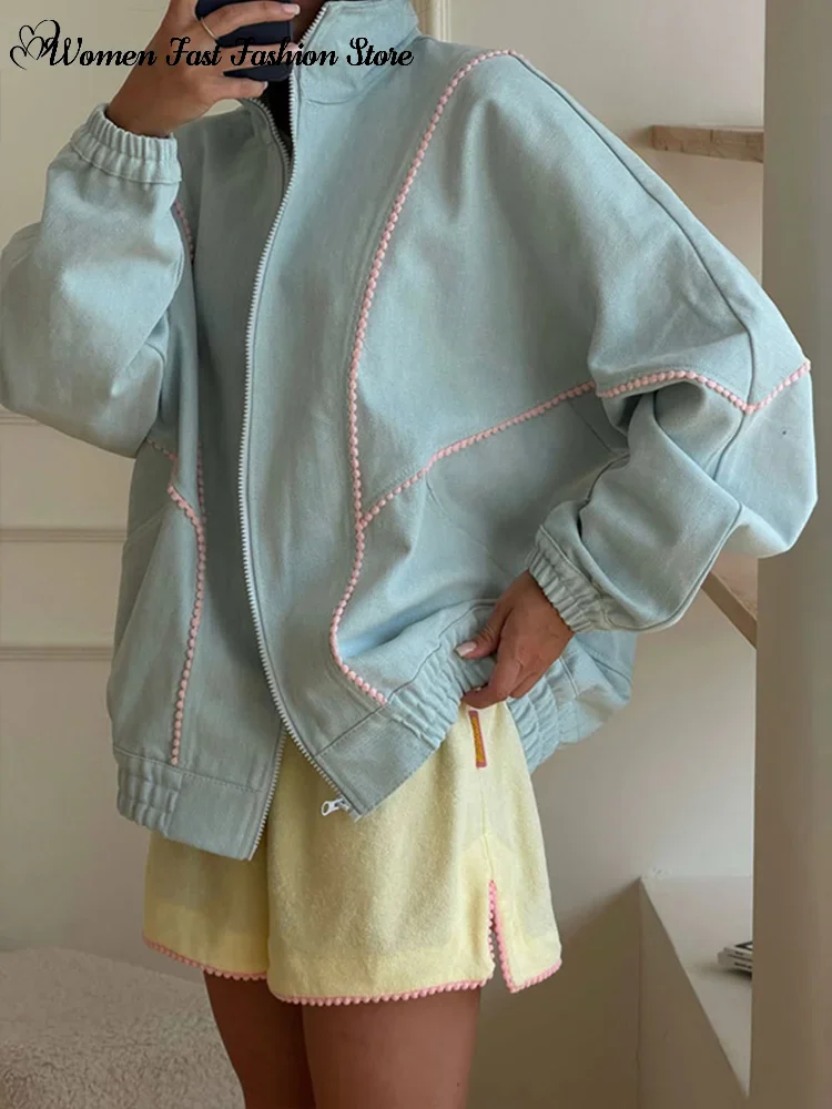 Contrast Denim Bomber Jackets Women's Casual Zipper Stand Collar Full Sleeve Short Coat 2026 Autumn New Lady High Street Outwear