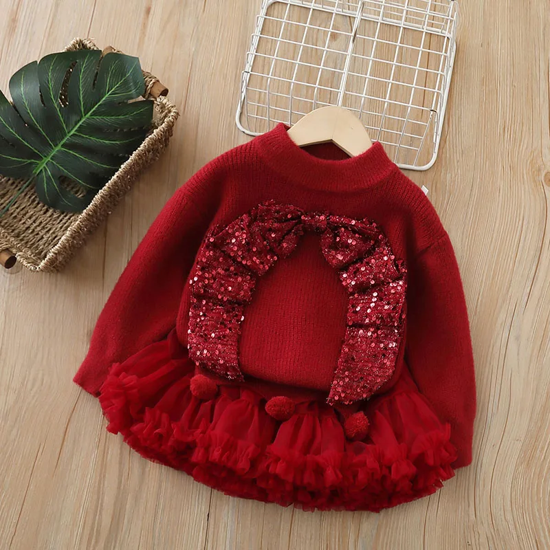 LILIGIRL New Autumn Kids Sweater Set Sweet Sequin Bow Girls Pullover + Tutu Skirt Korean Version Children Knitted Outfit  2-6T