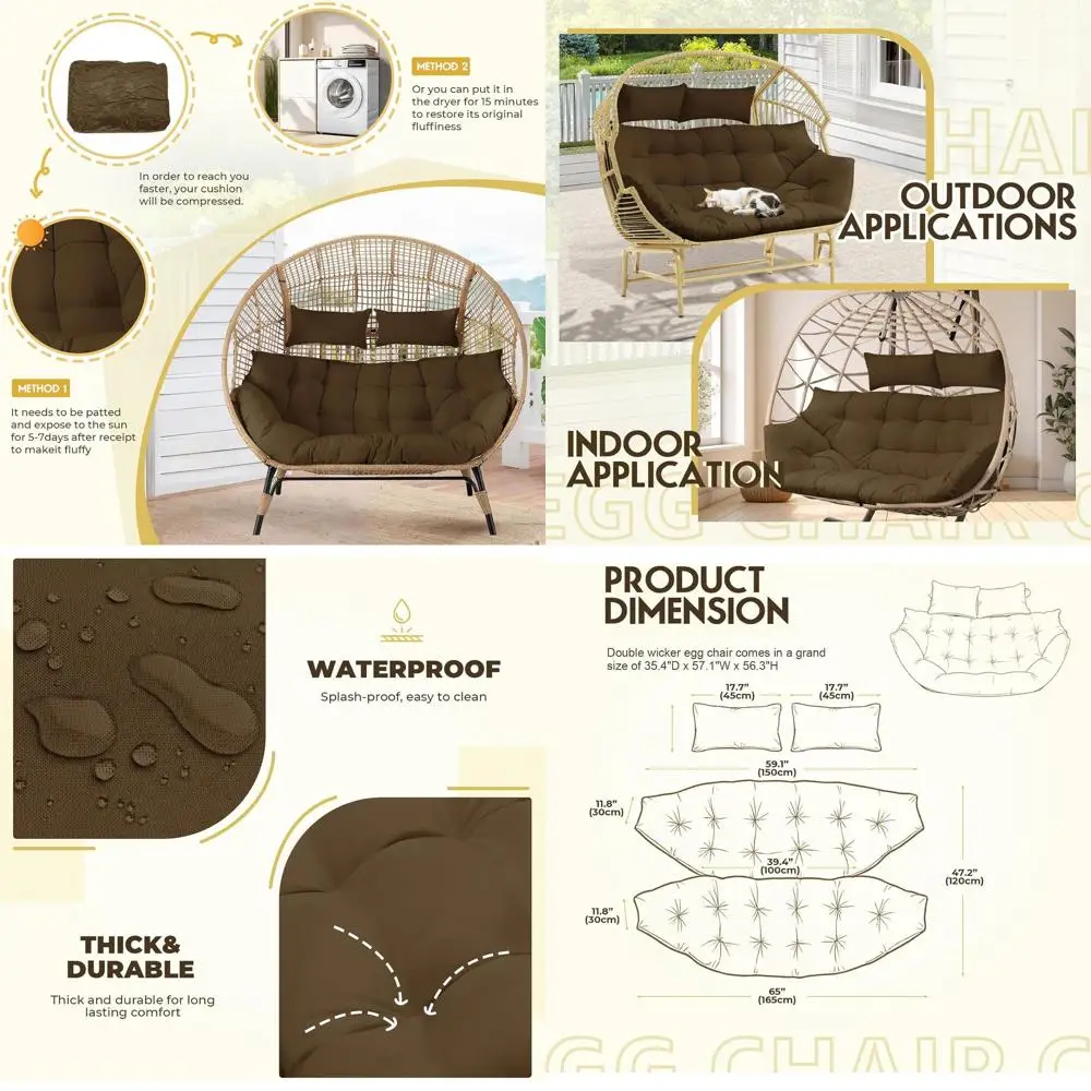 

Водонепроницаемая подушка для двухместного кресла-яйца, утолщенная сменная подушка для улицы, 65x47x7 дюймов, коричневая