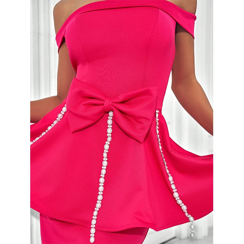 ชุดเดรสยาวทรงเมอร์เมดสีชมพูสำหรับผู้หญิง สไตล์เปิดไหล่ แต่งระบายช่วงเอว เหมาะสำหรับงานเลี้ยงค็อกเทล งานพรอม งานแต่งงาน งานปาร์ตี้ยามเย็น หรืองานอื่นๆ