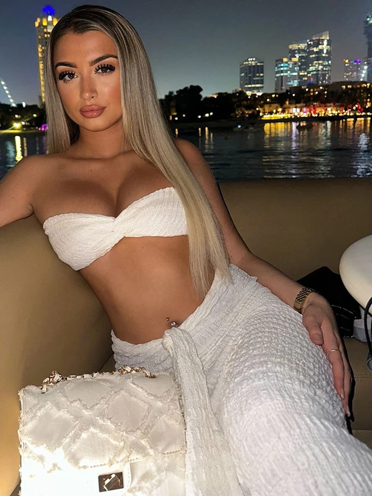 

Nibber Elegant Ruched 2 Piece Set Women Sexy Off Shoulder Tube Tops+Skinny Ribbon Long Skirts Midnight Slim Prom Party Outfits