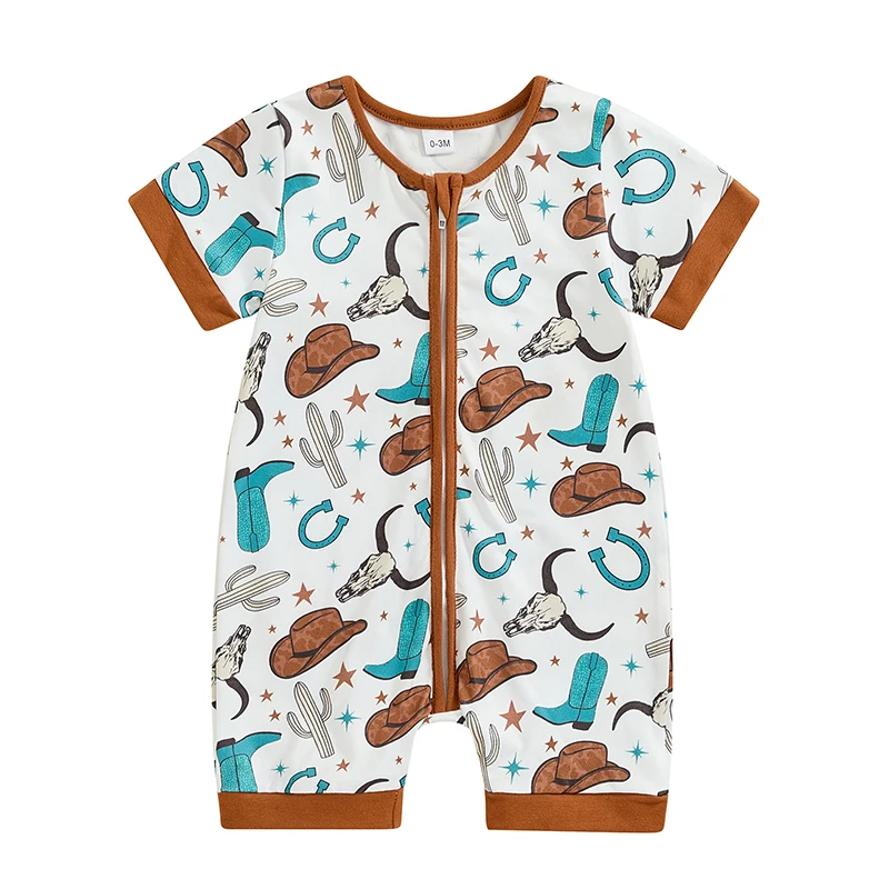 

Infant Baby Boy Summer Sleeper Romper Western Pattern Print Crew Neck Zip Up Short Sleeve Jumpsuit Newborn Baby Boys