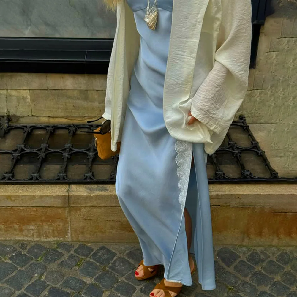 Patchwork Sexy Hoge Split Kant Vrouwen Maxi Jurk Blauw Spaghetti Hoge Taille Zomer Slanke Casual Feestavondjurk