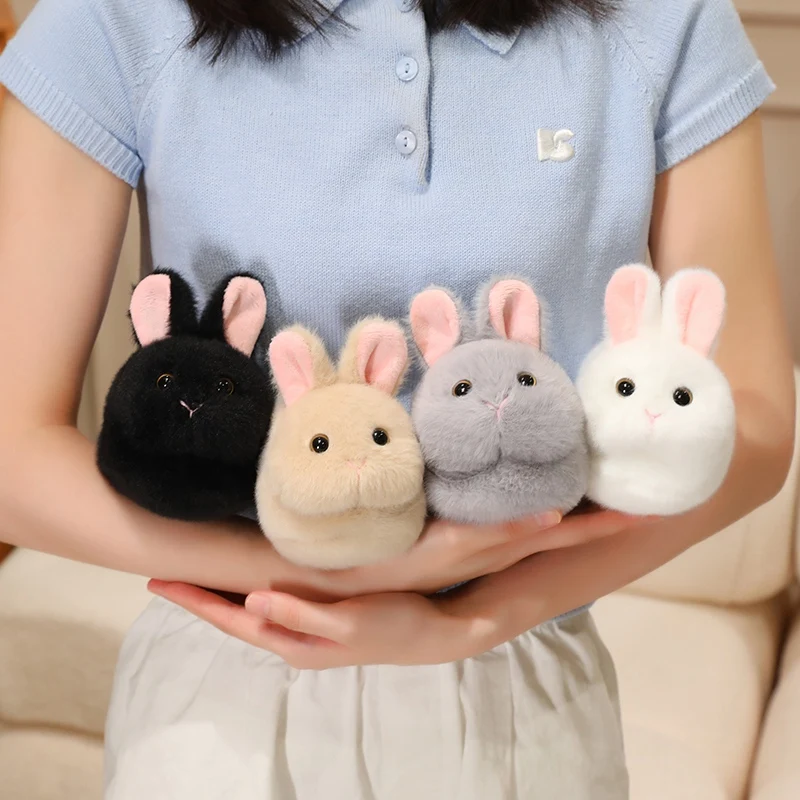 Round Bunny Plush Toy Solid Black Stuffed Animal with Pink Inner Ears for Small Shelf Decoration and Plush Collector Display