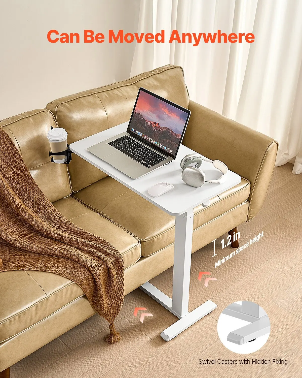 Overbed Table, Mobile Bed Side Table with 4 Hidden Wheels, Height Adjustable Rolling Laptop Desk with Cup Holder, Portable Pa