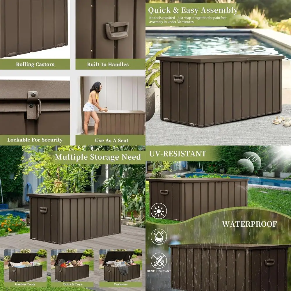 Caja de almacenamiento de cubierta resistente a la intemperie de 160 galones, contenedor de patio exterior con cerradura, banco con mecanismo de cierre hidráulico para suministros de piscina, B