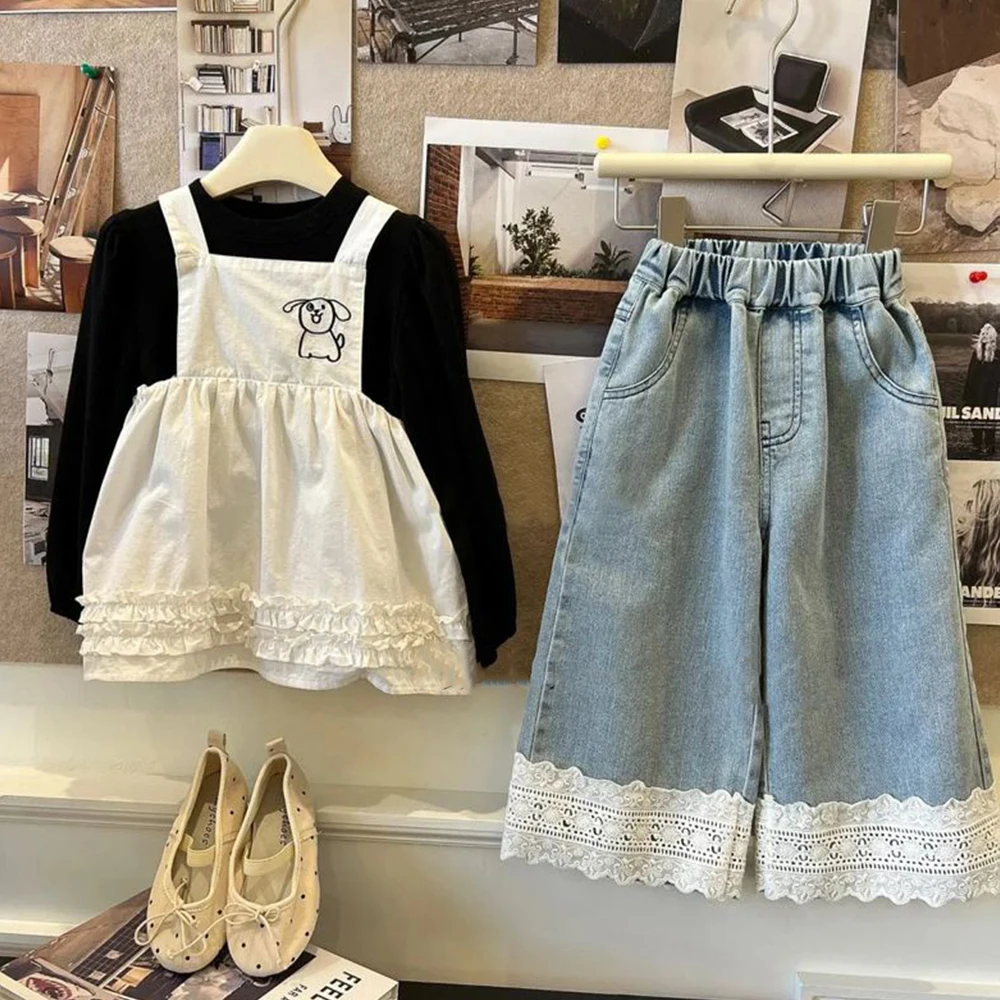 Korea Girls Straight Lace Jeans Summer New Children's Versatile Wide Leg Pants Sweet Casual Pants Fashion Girl Jeans Clothes