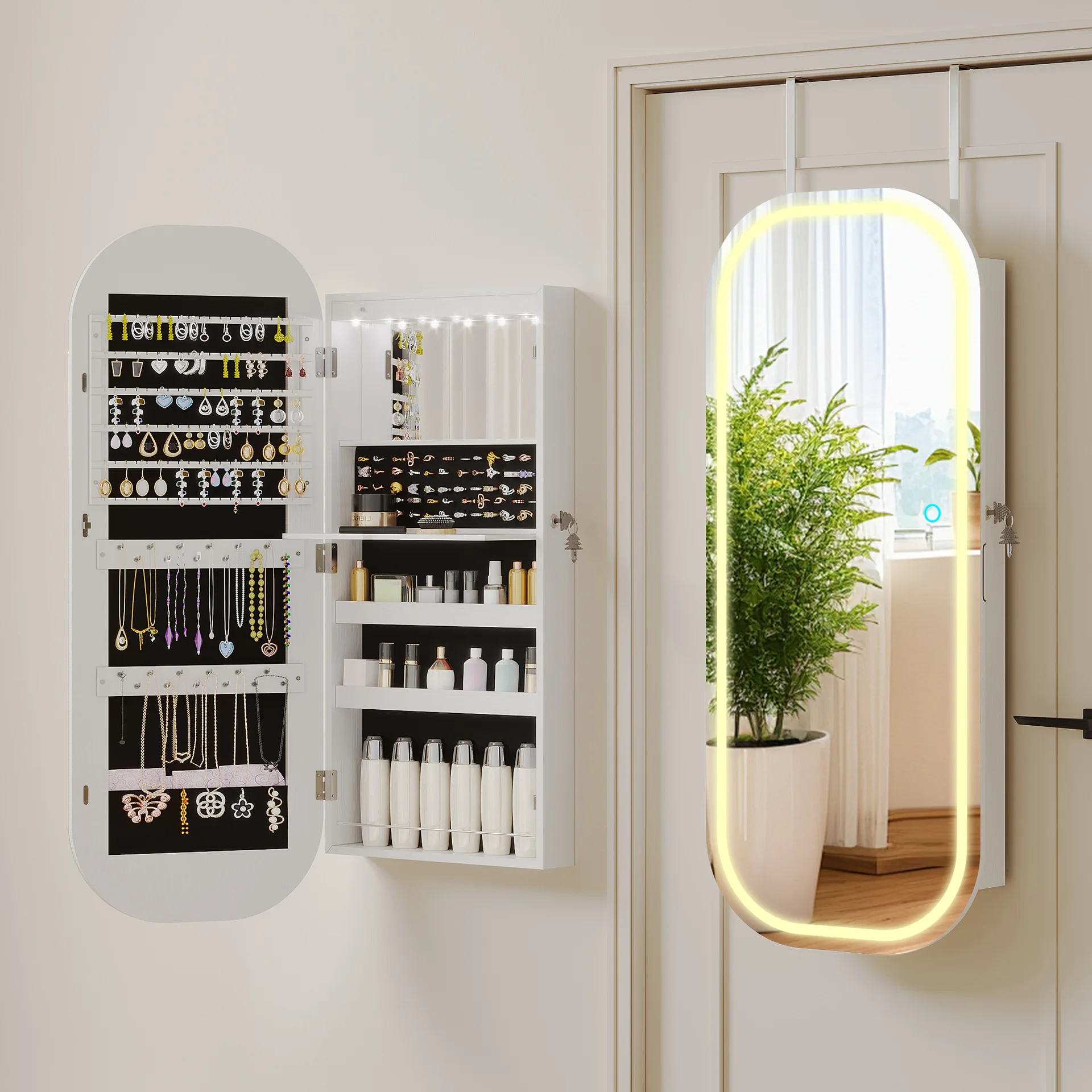 Oval LED light jewelry cabinet, jewelry display cabinet, wall-mounted storage mirror cabinet, multi-function lockable full-body